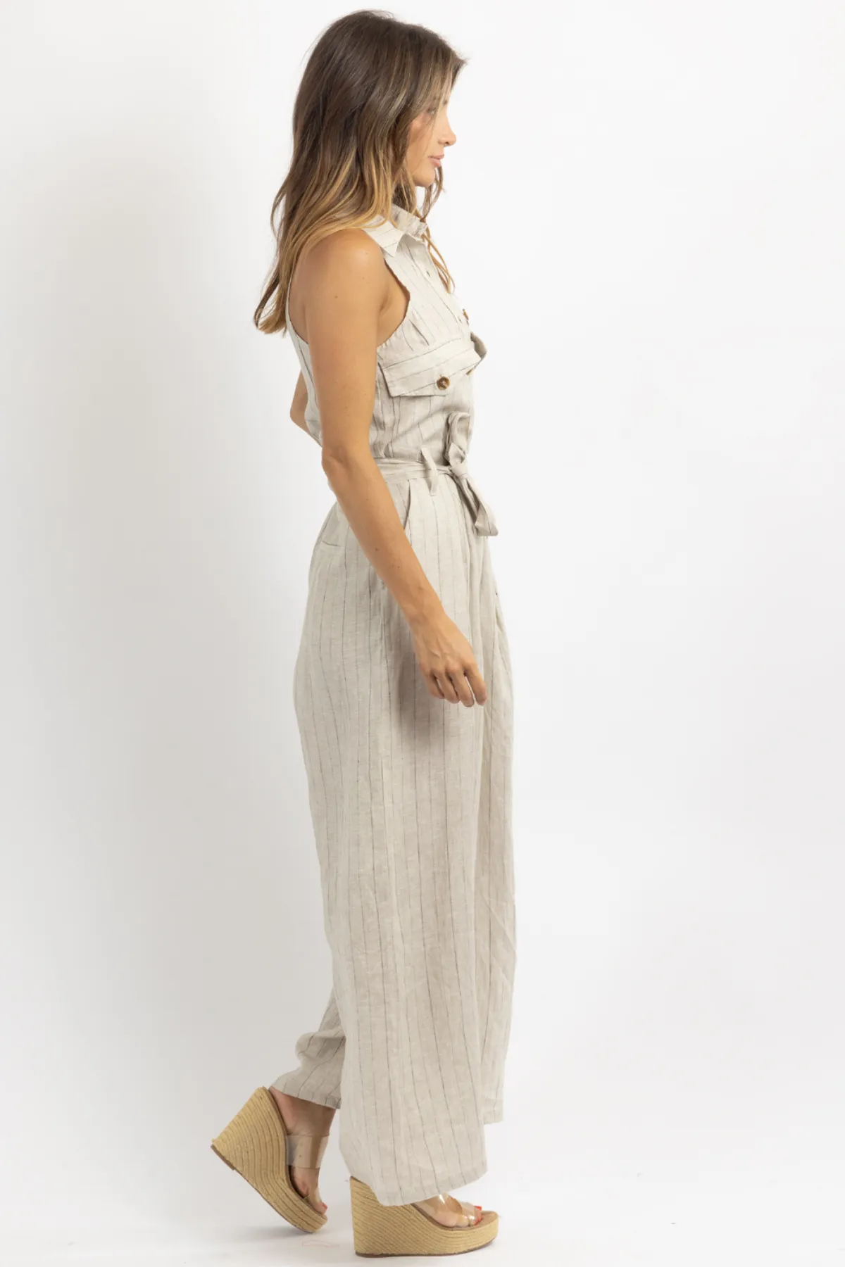 REVIVE LINEN PINSTRIPE JUMPSUIT
