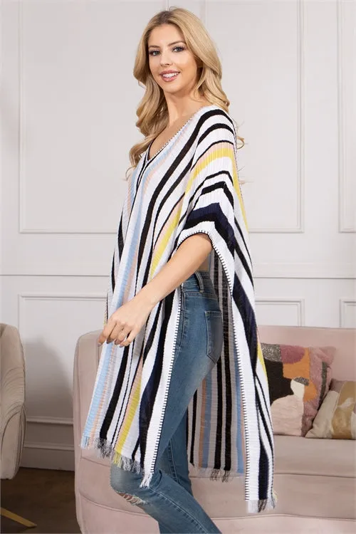 S11-4-3-P3099-MULTI STRIPES TASSLE HEM PONCHO 6PCS