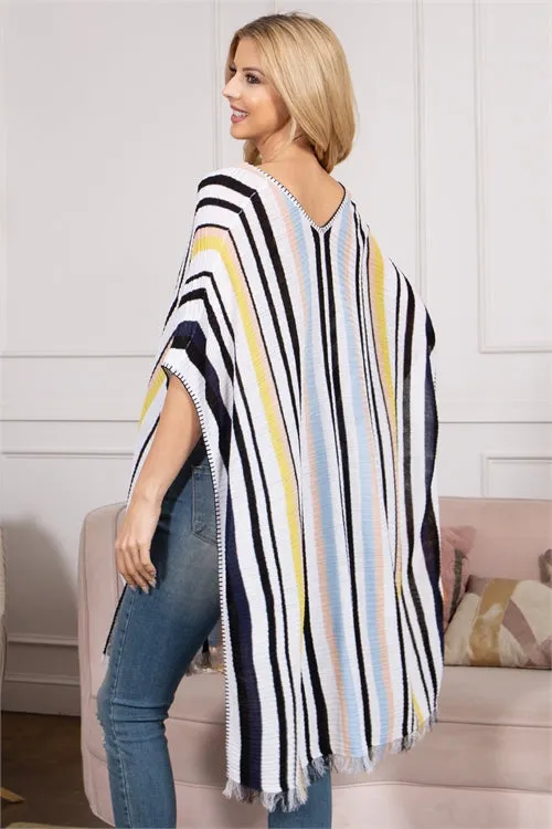 S11-4-3-P3099-MULTI STRIPES TASSLE HEM PONCHO 6PCS