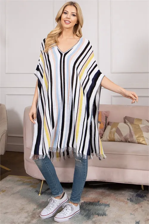 S11-4-3-P3099-MULTI STRIPES TASSLE HEM PONCHO 6PCS