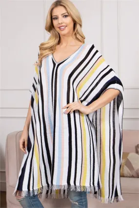 S11-4-3-P3099-MULTI STRIPES TASSLE HEM PONCHO 6PCS