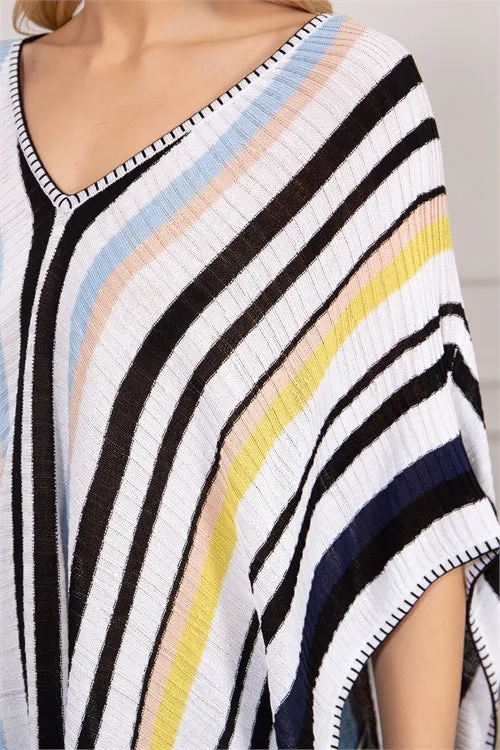 S11-4-3-P3099-MULTI STRIPES TASSLE HEM PONCHO 6PCS