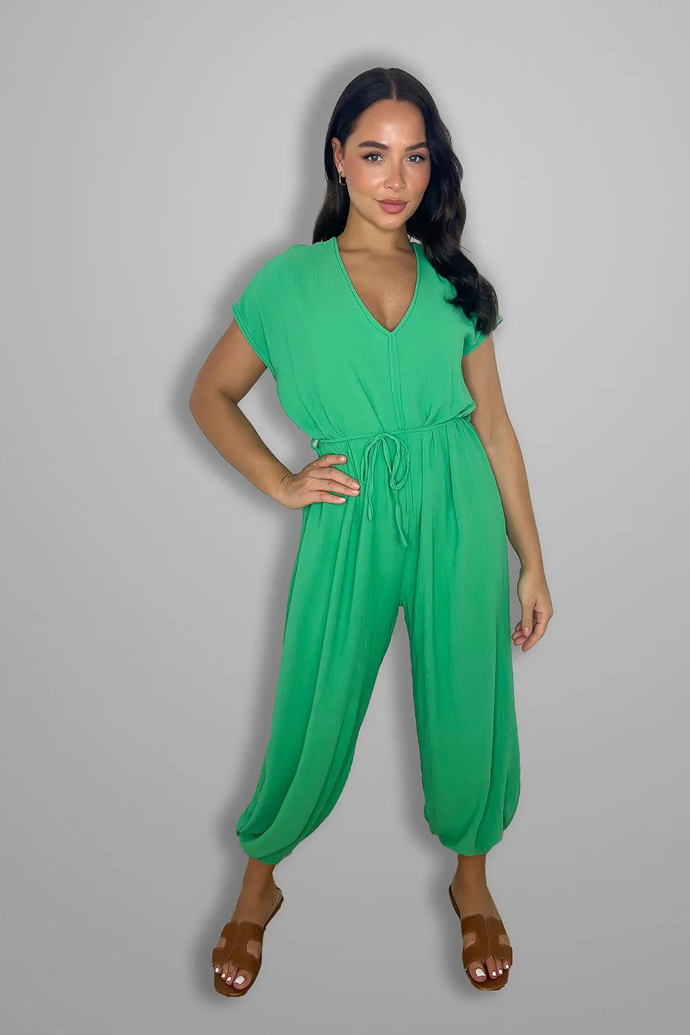 V Cut Short Sleeves Tie Belt Cuffed Wide Leg Jumpsuit