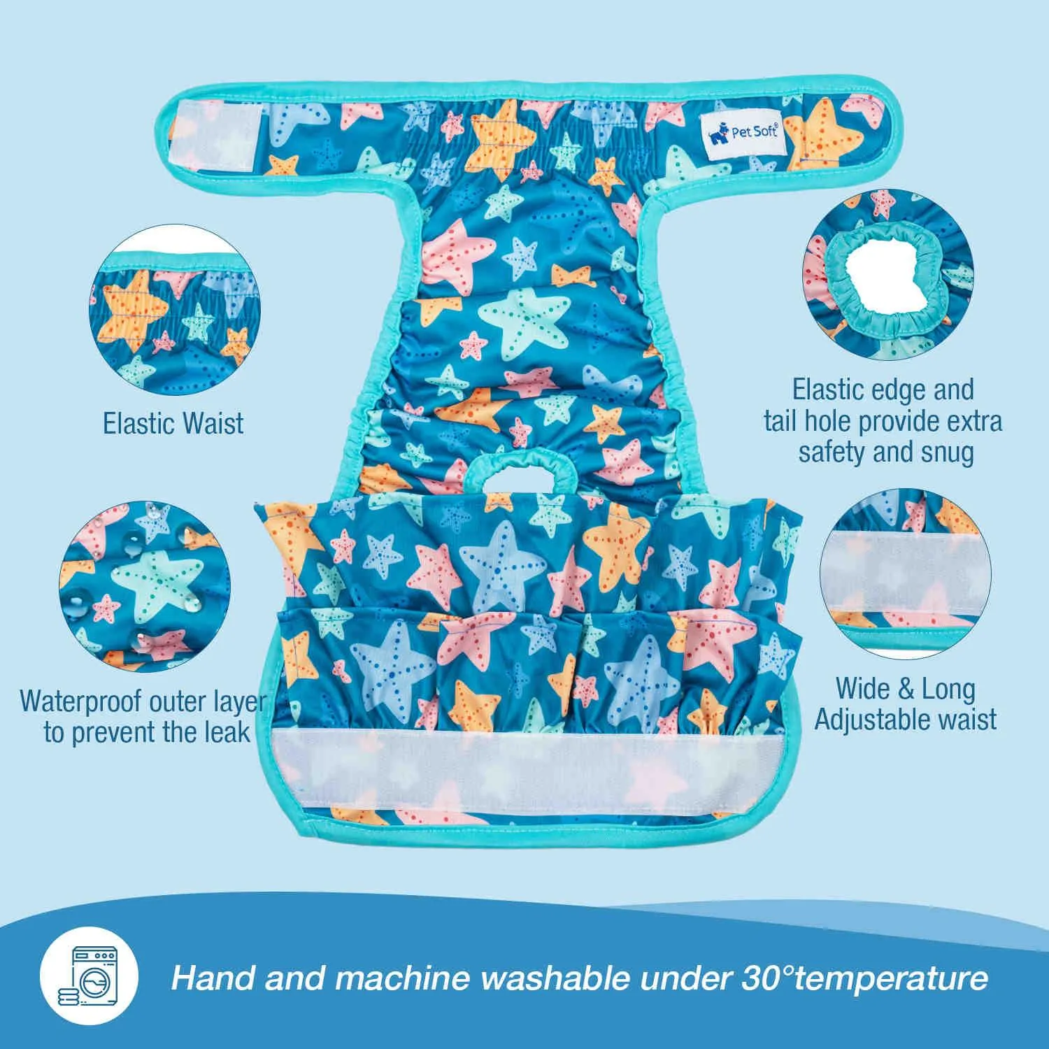 Washable Female Dog Diapers, Reusable Doggy Diapers, with skirt, 3 Pack (Ocean)
