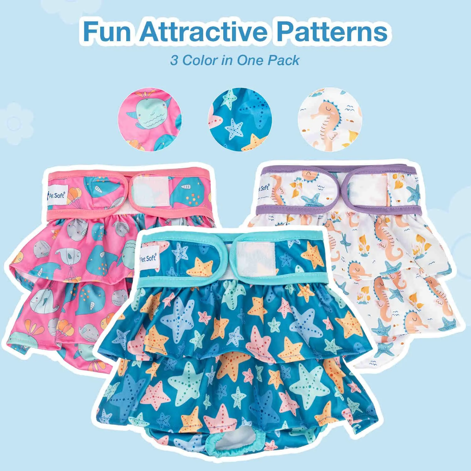 Washable Female Dog Diapers, Reusable Doggy Diapers, with skirt, 3 Pack (Ocean)