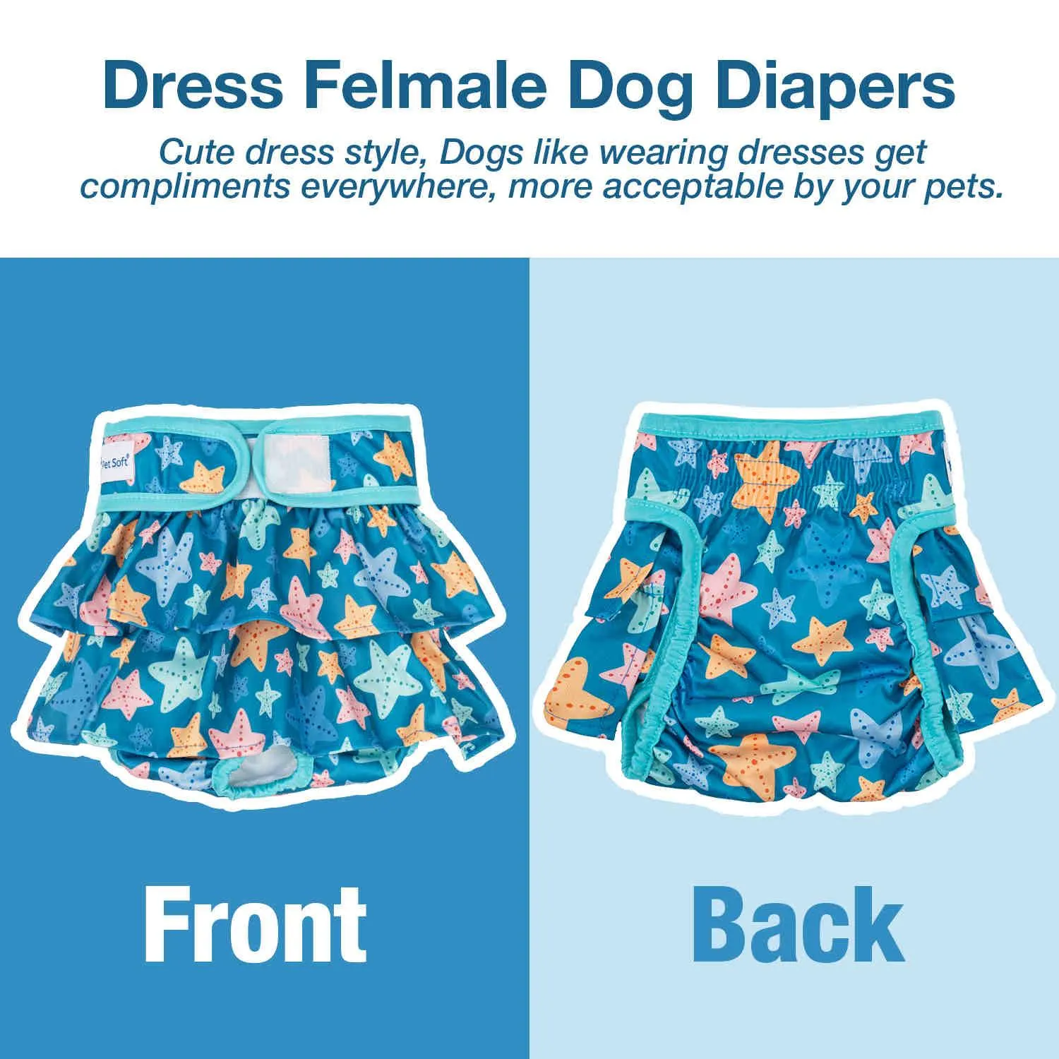 Washable Female Dog Diapers, Reusable Doggy Diapers, with skirt, 3 Pack (Ocean)